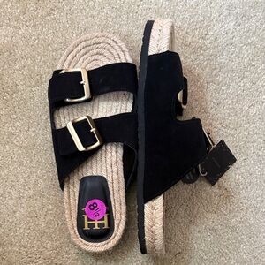 Haute Hippie Black Sandals with Gold Buckles-Size 8.5
